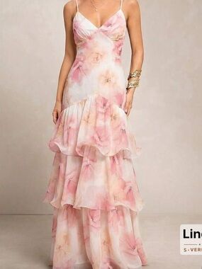 Tiered Pink Floral Maxi Dress with Spaghetti Straps